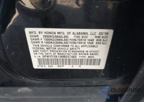 2006 Honda Pilot Lx z USA, uszkodzony, nr VIN 5FNYF28136B037483